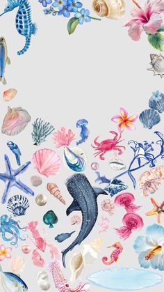 an ocean scene with shells, seahorses and other marine creatures in pastel colors