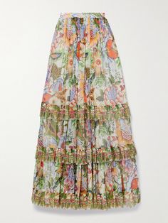 Etro's maxi skirt is designed to be worn with the coordinating blouse, but it'll look just as good pared back with a tonal tank. Cut from silk-crepon that's printed with a romantic floral motif, it has a whimsical tiered silhouette that features distinct pleats and gathers for added texture. Summer Floor-length Maxi Dress With Voluminous Skirt, Summer Maxi Dress With Voluminous Floor-length Skirt, Summer Silk Maxi Skirt With Voluminous Fit, Spring Silk Floor-length Maxi Skirt, Silk Floor-length Maxi Skirt For Spring, Voluminous Silk Maxi Skirt For Summer, Bohemian Silk Skirt For Spring, Summer Silk Flowy Maxi Skirt, Spring Bohemian Silk Maxi Skirt