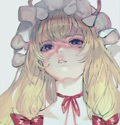 a drawing of a girl with long blonde hair and bows on her head, wearing a bow tie