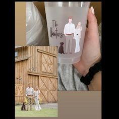 a person holding a cup with pictures on it and an image of two people standing next to each other