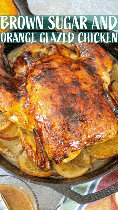 brown sugar and orange glazed chicken in a cast iron skillet with sauce on the side