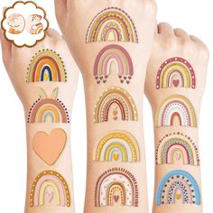 rainbow temporary tattoos on both arm and hand for kids to draw with markers or glues