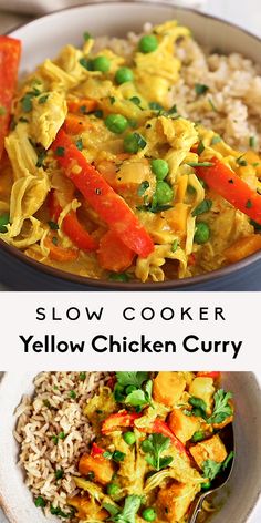 two pictures with different types of food and the words slow cooker yellow chicken curry