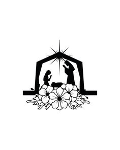 the birth of jesus and mary in silhouette on a white background with flowers around it