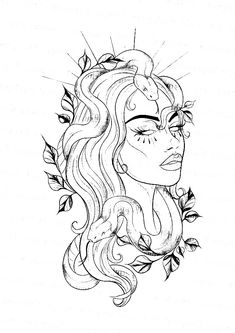 a drawing of a woman's face with leaves on her head and eyes closed