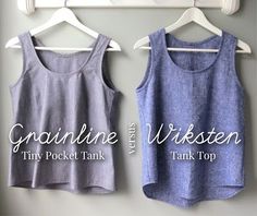 two tank tops hanging up against a wall with the words grainline and wisken on them