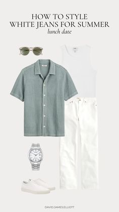 Styling White Jeans for a Men's Summer Lunch Date Look with a Camp Collar Shirt - davidelliottstyle.com Collared Shirt Outfit Men, Styling White Jeans, Mens Outfits Dressy, Style White Jeans, Ali Boxing, Jeans For Summer, Casual Friday Outfit, Dress Snap