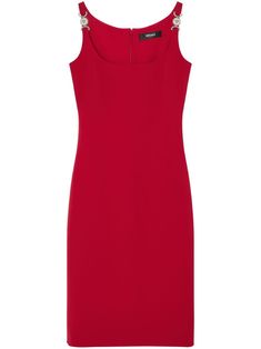 ruby red stretch-design rear zip fastening Medusa Head motif scoop neck sleeveless straight hem mid-length Red Versace, Versace Dress, Medusa Head, Versace Outfit, Yoko London, Belted Jacket, Red Midi Dress, Versace Jeans Couture, Exclusive Fashion