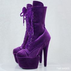 7" (178mm) Heel, 2 3/4" (70mm) Platform O-Ring Lace-Up Front Ankle Boots Featuring Fully Wrapped Platform Bottom, Inner Side Zip Closure. Includes A Pair Of Matching Boot Protectors Brand New Authorized Pleaser Dealer For Over 10 Years - Twf.Shoes 7 Inch Heels, Velvet Purple, High Heel Stiefel, Pair Of, Velvet Ankle Boots, Striped Shoes, Light Up Shoes, Gogo Boots, Ring Der O