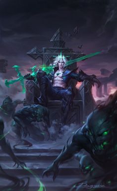 an image of a man sitting on a throne surrounded by demonic creatures in the background