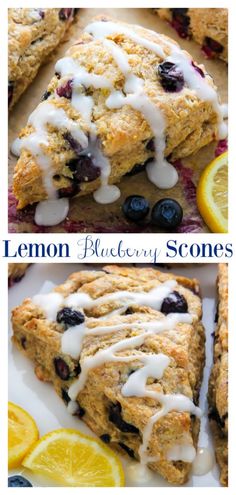 lemon blueberry scones with icing on top and sliced into slices, sitting on a white plate