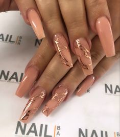 Prom Nails Rose Gold, Rose Gold Prom Nails, Brown And Pink Marble Nails, Copper Marble Nails, Glitz And Glam Nails, Nude And Rose Gold Nails, Brown Marble French Tip Acrylic Nails, Brown Marble Nails With Gold Flakes, Brown Marble Ombre Nails