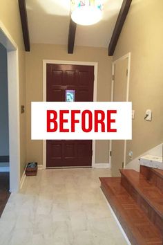 Entryway Makeover Idea Before After Entryway Before And After, Entry Way Tile Ideas Front Door, Front Door Tile Entryway, Entryway Update, Tiled Staircase, Dutch Boy Paint, Entryway Makeover, Front Door Entryway, Ikea Design