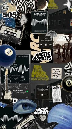 an assortment of stickers and decals on a black background with the words arctic monkeys