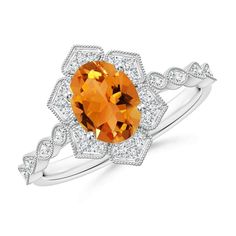 Radiating a positive aura, the oval citrine draws the eye with its enchanting sunshine hue. The scintillating diamond halo illuminates the gem's honey-yellow hue. Sparkling diamonds on the trillium floral shank and milgrain detailing elevate the classic beauty of this 14K Solid Gold ring. Birthstone for the month of November and traditional gemstone gift for 11th & 13th wedding anniversaries. All our items are packaged with care in appealing boxes with plush interiors. Available in various sizes Positive Aura, Citrine Ring, 14k White Gold Ring, Classic Beauty, Diamond Halo, Sparkle Diamonds, Halo Diamond, White Gold Rings, Citrine