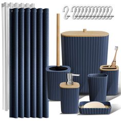 blue bathroom accessories including toilet brush, soap dispenser and toothbrush holder