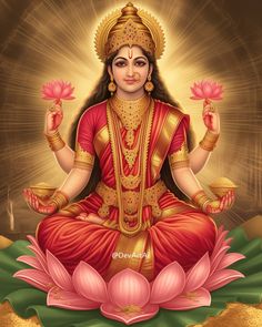 the hindu goddess sitting on top of a lotus