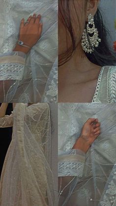 the back of a woman's wedding dress with veils and jewelry on it