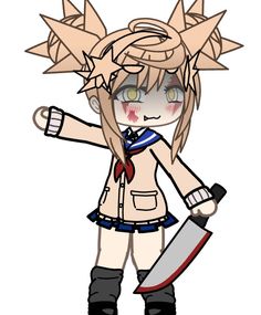 an anime character holding a knife and wearing a uniform with spikes on it's head