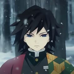 an anime character with black hair and blue eyes standing in front of snow covered trees