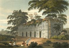 an old drawing of people sitting in front of a large white building with trees around it