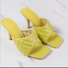 Yellow Quilted Slide In Sandals Elegant Wedding Shoes, Celebrity Shoes, Clear Sandals, High Heel Slippers, Women Shoes Online, Heel Slippers, Color Fashion, Womens Shoes High Heels, Fashion High Heels