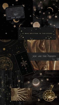 some gold and black items with stars on them in the night sky, including an open notebook