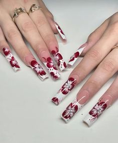 Two Hand Different Color Nails, Nails For Red Hair, White Hibiscus Nails, Old School Nail Designs 90s, Red 90s Nails, 200s Nails, Oldies Nails, 90s Nails Acrylic, Red Y2k Nails