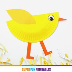 a paper plate with a yellow bird on it's side and the words super fun printables