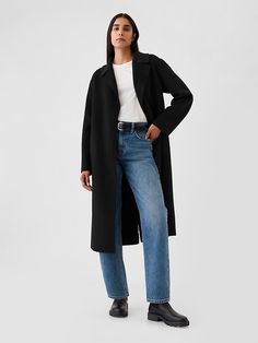 Belted Double-Faced Wool Coat Black Wool Coat, Trench Coat Black, Wool Blend Coat, Set Outfit, Workwear Dress, Black Wool, Long Coat, Black Coat, Wool Coat