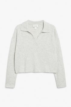 Soft knit polo sweater - Light grey melange - Monki WW Knit Polo Sweater, Sassy Outfit, Johnny Collar, Cute Outfits For School, Knit Polo, Fall Fits, Winter Fits, Outfit Maker