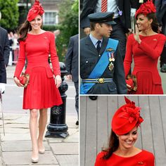 the royal couple are wearing red outfits and hats