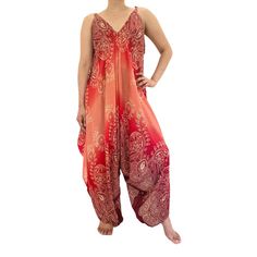 Perfect for lounging, yoga, dancing or can be dressed up with your favourite sandals or flipflops Loose-fitting style is perfect for this weather Straps can be tied to fit the desired length  One Side Pocket Leg Circumference is open One Side Pocket Fits most sizes from size 4-12 Material: Bohemian Printed Fitted Jumpsuits And Rompers, Bohemian Fitted Printed Jumpsuits And Rompers, Bohemian V-neck Jumpsuits And Rompers For Festivals, Bohemian Fitted Overall Jumpsuits And Rompers, Pink Fitted Bohemian Jumpsuits And Rompers, Fitted Pink Bohemian Jumpsuits And Rompers, Fitted Bohemian Jumpsuits And Rompers, Bohemian Red Jumpsuits And Rompers For Beach, Bohemian Fitted Jumpsuits For Festivals