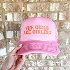 one size fits most | adult trucker hat Bridesmaid Trucker Hats, Bachelorette Hats Trucker, Trendy Female Snapback Hat With Curved Bill, Pink Novelty Hat With Letter Print, Novelty Pink Hat With Letter Print, Spring Snapback Hat With Letter Print, Pink Trucker Hat For Party With Curved Brim, Trendy Birthday Trucker Hat, Fun Spring Trucker Hat