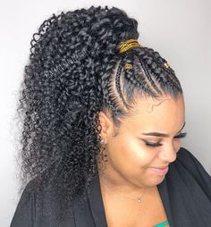 Cornrows to Curly Ponytail Natural hair styles, Braided hairstyles Curly Ponytail Black Women With Braids, One Ponytail Braid Hairstyles Black, Curly Ponytail With Braid, Flat Twist Ponytail, Curly Ponytail Black Women, Coiling Natural Hair, Cornrows Natural Hair, Cornrow Ponytail, Cabello Afro Natural