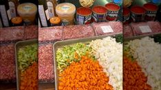 three pictures show different types of food on display in bins, including carrots and onions