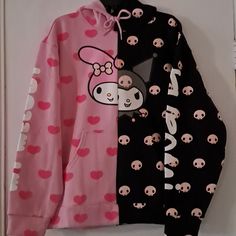 Hello Kitty And Friends Sanrio Dumbgood Hoodie Half Pink Half Black Condition New Please Check Out All Photos Buy Pink Tie String Check Out And On Face On Black Side Check Out Y2k Pink Hoodie With Letter Print, Pink Kawaii Hoodie With Letter Print, Pink Harajuku Crew Neck Hoodie, Trendy Black Hoodie With Cartoon Print, Cute Black Long Sleeve Hoodie, Pink Cartoon Print Hoodie For Streetwear, Pink Patchwork Hoodie For Fall, Pink Long Sleeve Sweatshirt With Patchwork, Pink Patchwork Long Sleeve Sweatshirt