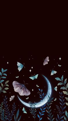 butterflies flying over the moon in the night sky with stars and leaves on it's sides