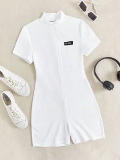 White Casual Collar Short Sleeve Knitted Fabric Letter  Embellished Slight Stretch  Women Clothing Adrette Outfits, Jumpsuit Short, Women Slogan, Jumpsuit Pattern, Casual Day Outfits, Printed Sleeveless Top, Cute Preppy Outfits, White Romper, Knitted Romper