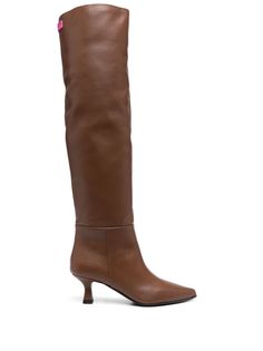 cognac brown calf leather logo patch to the rear pointed toe slip-on style 65mm mid heel rubber sole knee-length Brown Calf Leather Knee-high Boots With Square Toe, Brown Square Toe Calf Leather Knee-high Boots, Brown Square Toe Knee-high Calf Leather Boots, Fitted Brown Knee-high Boots With Leather Sole, Brown Calf Leather Knee-high Boots With Pointed Toe, Cognac Knee-high Boots For Formal Occasions, Brown Pointed Toe Knee-high Boots For Business, Sleek Brown Boots For Workwear, Brown Fitted Knee-high Boots For Office