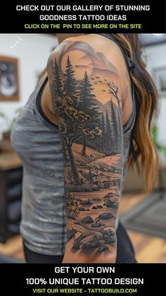 the back of a woman's arm with an image of trees and mountains on it