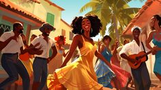 a woman in a yellow dress dancing with other people on the side of a street