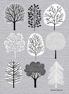 six different trees in black and white on a gray background