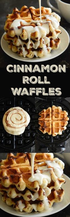 cinnamon roll waffles are being drizzled with icing on top