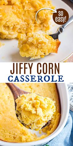 a spoon full of corn casserole on top of a white plate with the title above it