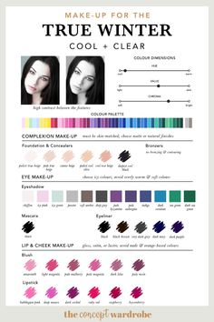 Cool Clear Color Palette, Make Up For Winter Type, Colour Analysis Cool Winter, Winter Colour Analysis Palette, Make Up For Cool Winter, Hair Colors For True Winter, True Winter Color Palette Analysis, Winter Cool Color Palette, Winter Season Colour Palette