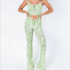 **Shipping Out From San Diego! Can Ship Same Day If You Need For Coachella** Mesh Pants High Waisted Flared Leg V Shaped Waist Adjustable Ruching At Waist Pinched Detailing At Sides Printed Material Unlined/Sheer Twiin/Princess Polly Green Two-piece Bottoms, Two-piece Fitted Wide Leg Pants, Green Fitted Two-piece Bottoms, Fitted High Waist Two-piece Bottoms, Fitted Matching Set Bottoms For Spring, Fitted High-waist Bottoms, Fitted Pants Matching Set For Summer, Green Wide Leg Two-piece Pants, Chic Green Matching Set Bottoms