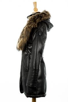 Adelyna Leather Coat With Fur Trim | Rudsak | Coat – Dejavu NYC Luxury Hooded Parka With Faux Fur Trim, Luxury Hooded Fur Coat For Cold Weather, Luxury Fall Parka, Fitted Sheepskin Leather Jacket With Faux Fur Trim, Luxury Parka With Faux Fur Trim, Luxury Parka With Faux Fur Lining For Winter, Luxury Parka With Detachable Hood For Cold Weather, Luxury Leather Coat For Cold Weather, Luxury Fur Coat For Cold Weather