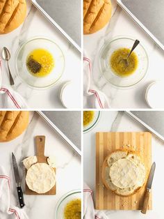 four pictures showing how to make bread with cheese and olives in the middle, then spread on top