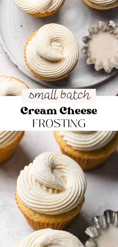 small batch of vanilla cupcakes with white frosting on top and the title overlay reads small batch, moist vanilla cupcakes